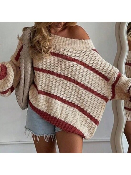 Tops - Red And White Casual Colorblock Women's Striped Loose Pullover Sweater